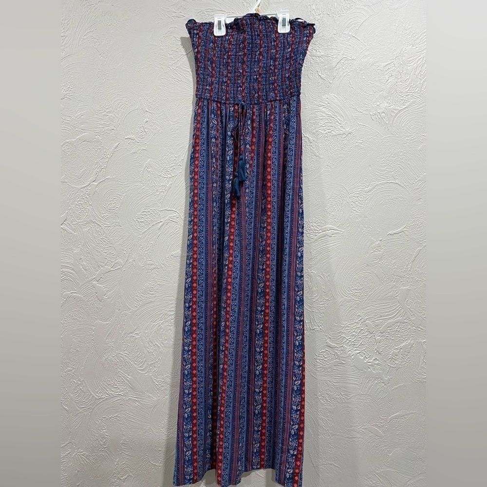 Band of Gypsies Sleeveless Smock Dress Maxi Floral Red Blue Tassel Boho Small